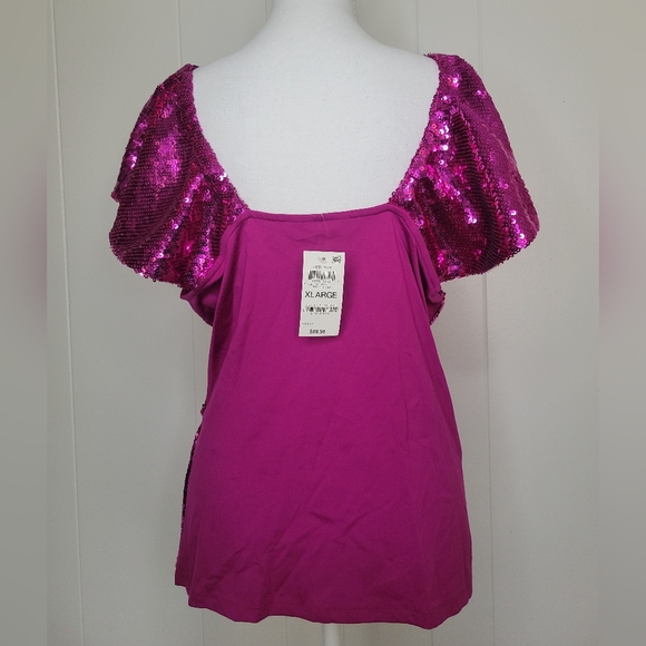 NWT INC International Concepts Fuschia Pop Pink Sequin Flutter Sleeve Top XL - Picture 7 of 12